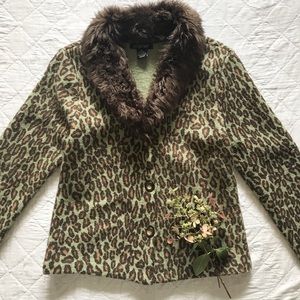 Y2K Wool Leopard Print Cardigan w/ Faux Fur Collar